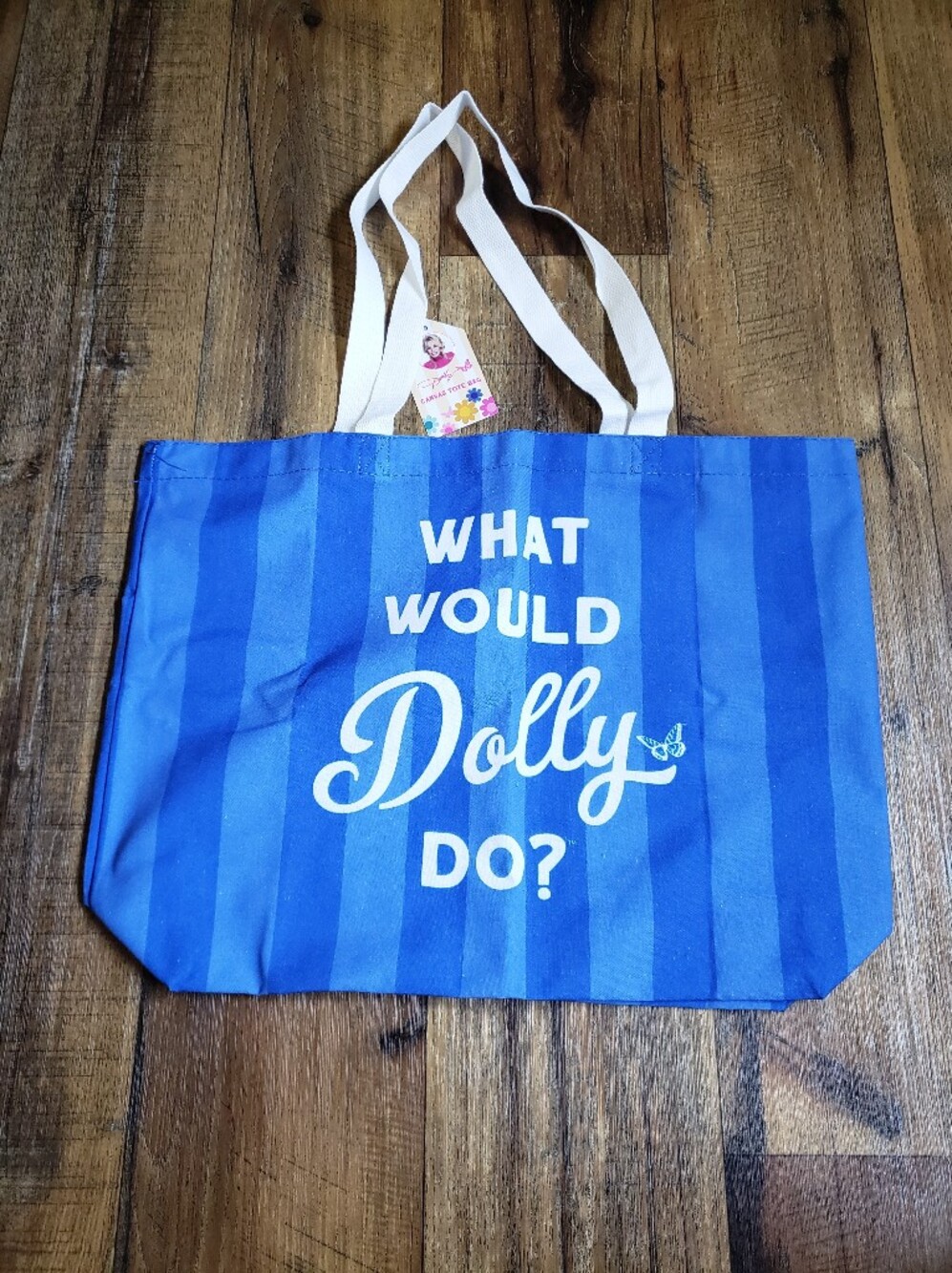 Dolly Branded Blue Stripe Canvas Tote Bag - "What Would Dolly Do?"
